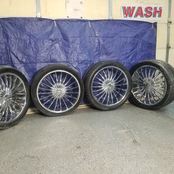 Set of 24" chrome 5-lug universal rims, and a set of 20" 5-lug 5X4.75 rims. - Picture 2 of 3